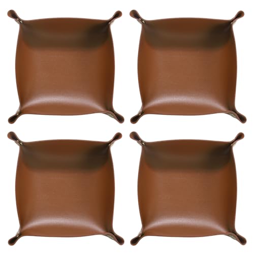 HARFINGTON 4pcs PU Leather Valet Tray Unisex Folding Small Catchall Tray Portable Entryway Table Tray Nightstand Bedside Desk Tray for Key Wallet Watch Coin Jewelry Dice, Brown - color: Brown
