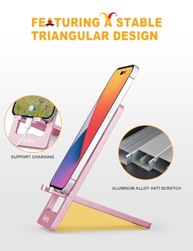 Aoviho Phone Stand for Desk, Ultra-Thin Foldable Aluminum Phone Holder, Portable Travel & Office Cell Phone Stand Compatible with iPhone 17 16 15 14 13 12 Pro Max, Fits 3.7"-7" Devices, Pink - color: Pink