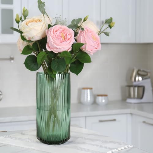 Emerald Green Glass Vase 11 Inch Tall Flower Vase for Bouquet, Dining Table Center Entryway, Vintage Decorative Ribbed Cylinder Vase for Centerpieces, Home Decor, Living Room, Office, Wedding - color: Green, size: Large - 11''H