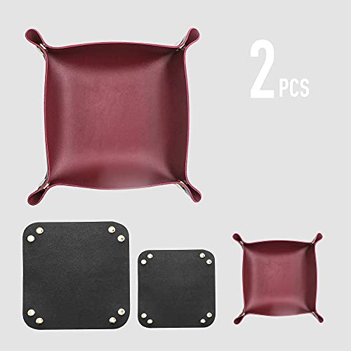 2 Size Leather Valet Tray Organizer, Folding Travel Organizer, Jewelry Tray, For Travel, Home Or Office | Plain Weave, Double Complexion - Red & Black - color: Red & Black