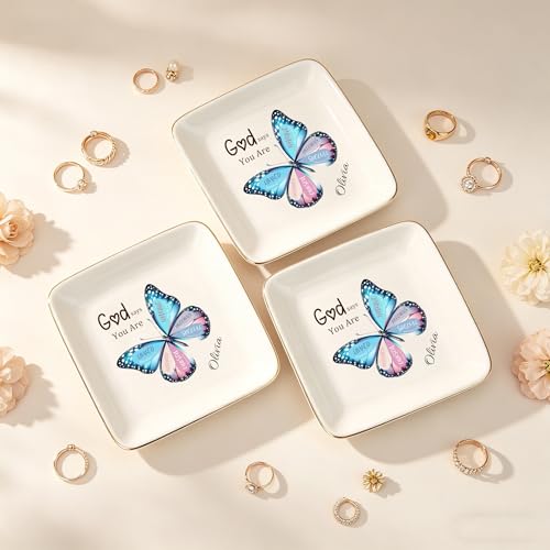 Personalized Ceramic Jewelry Dish, Custom Birth Flower & Name Trinket Tray for Mother's Day, Bridesmaid, Birthday Gift - 4 Shape1s Available (Butterfly Jewelry Tray - Square) - color: Butterfly Jewelry Tray - Square