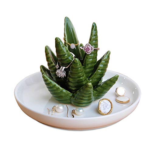 PUDDING CABIN Aloe Ring Holder,Cactus Ring Dish,Jewelry Holder Trinket Tray for Rings Earrings Necklace Organizer,Bridesmaid Christmas Birthday Gift for Women Girls - style: Aloe