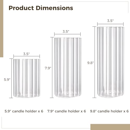 18 PCS Ribbed Hurricane Glass Candle Holders Bulk - Transparent Cylinder Candle Holders for Pillar Candles, Decorative Candle Hurricane Vases for Centerpieces Wedding Table Decorations