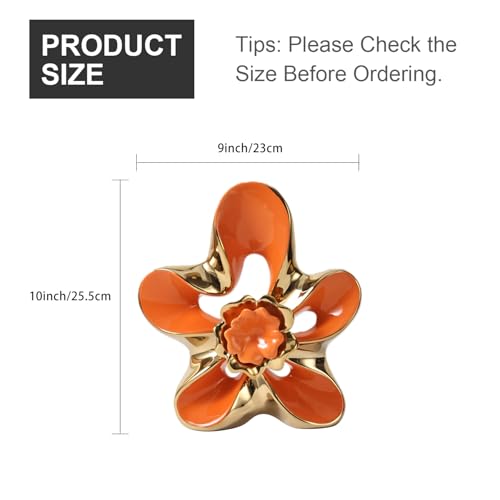 Ceramic Statue Home Decor Aesthetic Abstract Flower Sculpture Modern Decorative Statues for Living Room Bedroom Bookshelf Desktop Dinging Table Centerpiece Office (Orange and Gold) - color: Orange and Gold