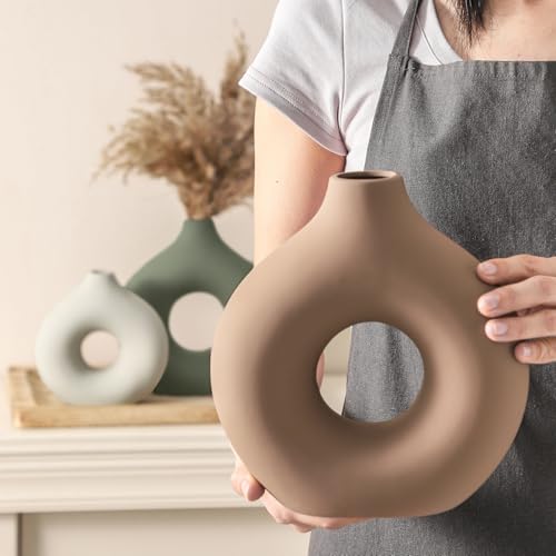 Vanselia Ceramic Vase Home Table Decor - Flower Vases Set of 3 Small Living Room Centerpiece Decorations for Shelf Bedroom Office Kitchen Dining Desk Modern Aesthetic Farmhouse Decorative (Brown) - color: Brown