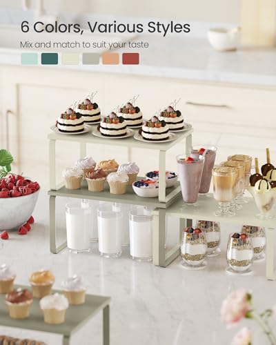 SONGMICS Cabinet Organizer Shelf, Set of 2 Kitchen Counter Shelves, Kitchen Storage, Spice Rack, Stackable, Expandable, Metal and Engineered Wood, Cream White UKCS002W02 - color: Cream White, size: 11.7"W