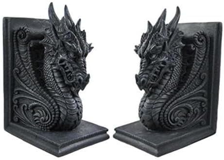 Bellaa 25617 Dragon Bookends Gothic Midieval Castle Mystic Decorative Retro Vintage Book Ends Holder Heavy Stoppers Bookshelf Books Shelves Library Shelf Dividers - color: Black