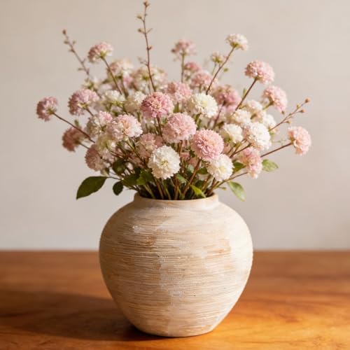 Large Rustic Ribbed Vase Home Decor - 8.8 in Ceramic Vintage Farmhouse Vases for Decor, Decorative Terracotta Round Bowl vase for Living Room, Table, Shelf, Kichen Décor - style: 01 - Large Rustic Ribbed Beige