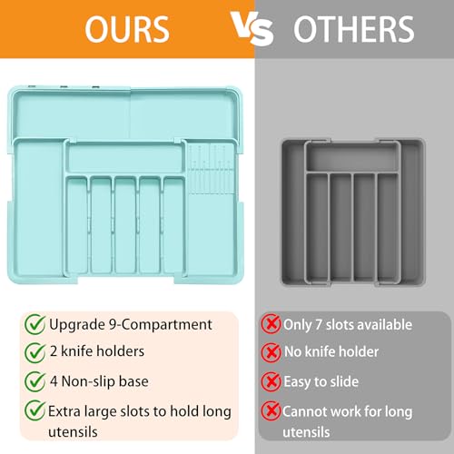 Homecor Silverware Organizer - Expandable Large Kitchen Drawer Organizer Utensil Organizer with 2 Knife Block Inserts, 22"x 19"Cutlery Tray with Drawer Dividers for Kitchen Flatware (Turquoise) - color: Turquoise