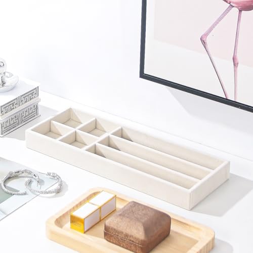 2Pcs Desk Drawer Storage Tray, Nightstand Organizer Tray, Necklace Bracelet Ring Earring Jewelry Display Tray, Grid Table Organizer Holder Tray for Sunglass, Phone, Watch, Perfume (7 grid)/Beige - color: Beige, size: 7 Grid