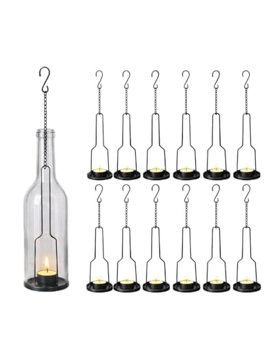 AceList 12 Pack Wrought Iron Hanging Candle Holder for Cut Glass Bottles, Fits 3.0" Diameter Bottlenecks, DIY Wine Bottle Lantern Kit for Garden, Patio, Wedding, Outdoor Decor - color: 3.0" Diameter - Black, size: Pack of 12