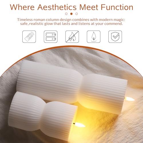 White Ribbed Flameless Pillar Candles with Remote, Real Wax Flickering Battery LED Candles Set of 2 - color: White