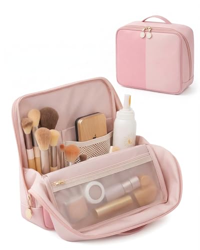 Large Standing Makeup Bag, Sturdy PU Leather Cosmetic Organizer with Fold-Down Phone Tray, Waterproof Travel Toiletry Case with Wipeable TPU Brush Holder, 9.5 Inch, Pink - color: Pink