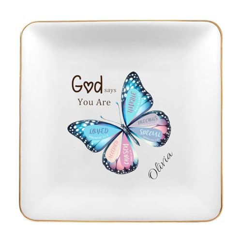 Personalized Ceramic Jewelry Dish, Custom Birth Flower & Name Trinket Tray for Mother's Day, Bridesmaid, Birthday Gift - 4 Shape1s Available (Butterfly Jewelry Tray - Square) - color: Butterfly Jewelry Tray - Square