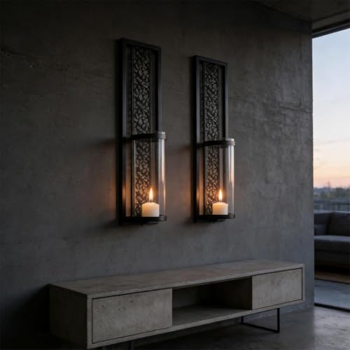 Wall Candle Holder,2PCS Vintage Hollowed Metal Sconce with Glass Cover,Walls Mount Iron Wall Art Candleholder Sets,Ramadan Walls Decorations for Living Room Farmhouse Fireplace Wedding - color: Golden