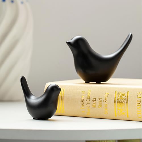 2 Pieces Decor Ceramic Bird Figurines Small Bird Statues Home Decor Modern Style Figurine Decor for Living Room,Bedroom,Desk,Bookshelf,Shelf,Coffee Table, Fireplace Mantel (Black) - color: Black