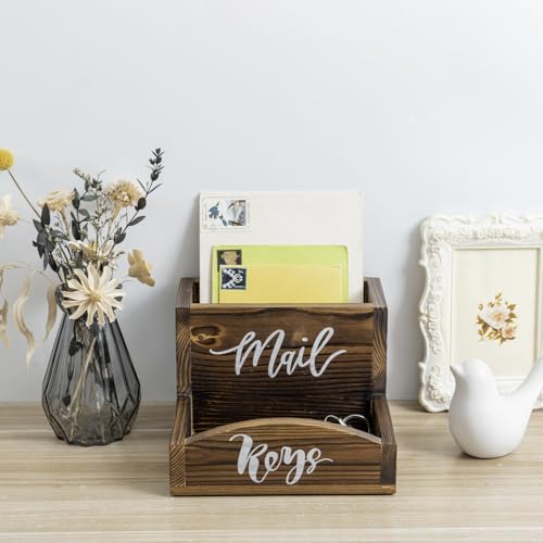 MyGift Rustic Burnt Solid Wood Mail Holder and Key Organizer, Entryway Storage Tray or Office Desktop Organizing Bin with White Cursive Lettering Labels - color: Burnt Wood