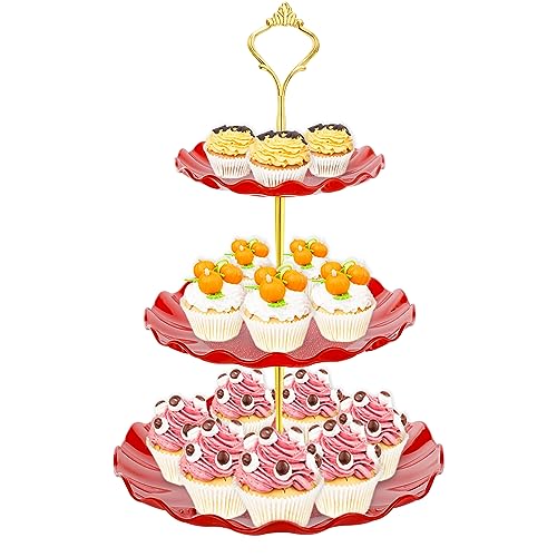 BACUTHY 3 Tier Cupcake Stand Holder, Plastic Cup Cake Stand Tower with Tiered Serving Tray for Cupcakes, Donuts, Fruits and More, Red - color: Red