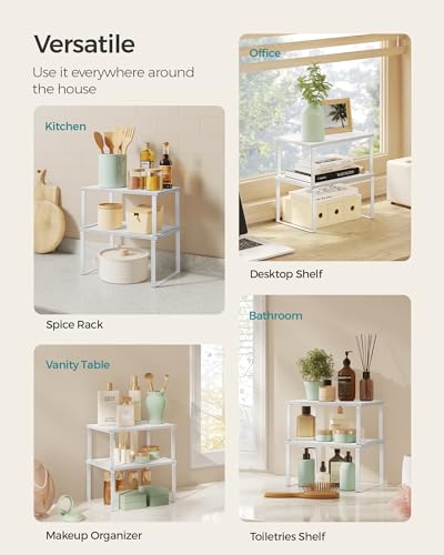 SONGMICS Cabinet Organizer Shelf, Set of 2 Kitchen Counter Shelves, Kitchen Storage, Spice Rack, Stackable, Expandable, Metal and Engineered Wood, Cloud White and Snow White UKCS02W01 - color: Cloud White + Snow White, size: 11.7"W