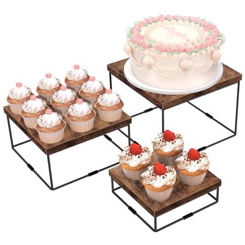 ELITEROO Buffet Risers and Stands, 3 Tier Wood Display Risers, Cake & Cupcake Stands, Dessert Table Display Set, 3Pcs Cube Display Base for Wedding Birthday Party Decor, Rustic Brown, 6"x7"x8" - size: 6"x7"x8"