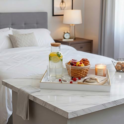 15.8" x 11.8" White Plastic Serving Tray with Gold Trim and Handles, Decorative Rectangular Tray for Ottoman, Coffee Table, Kitchen Counter, Bathroom Vanity, Heavy-Duty & Easy to Clean - color: White