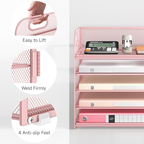 5 Tray Paper Organizer Letter Tray with Handle - Mesh Desk File Organizer, Paper Sorter Organizer for Office, Home or School File Folder Holder - Pink - color: 5 Tier - Pink, size: 12.6" x 9.1" x 11.5"