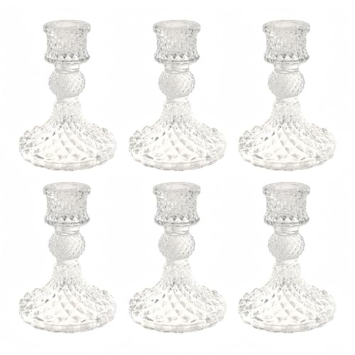 Glass Candlestick Holder,Striped Taper Candle Holders,Set of 6 Candle Stand for Table Centerpieces, Home Decor,Weddings,Festival and Parties (Clear Dimond Pattern) - color: Clear Dimond Pattern