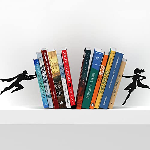 Artori Design Book Ends to Hold Books Heavy Duty Hidden Metal Bookends for Shelves Bookend Book Holder for Home Decorative Gift for Book End Lovers and Home Décor (Supergal+Book&Hero) - color: Black