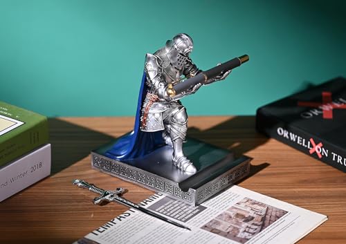 King's Guard Leader Cloak Warrior Knight Pen Holder Mobile Phone Stand, Ornament Knight Statue, Pen Stand Paperweight for Office and Home (SilverBlue) - color: Silverblue