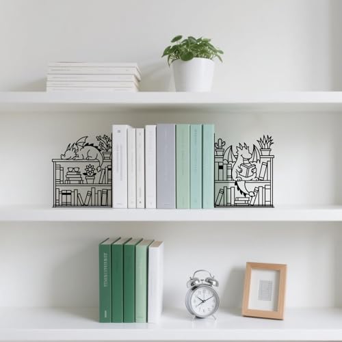 Metal Decorative Bookend Unique Dragon Bookends Decorative Cute Book Ends for Shelves Bookshelf Home Office Desk Bookshelf Decor Gift for Reading Enthusiasts - style: Dragon Decorative Bookends