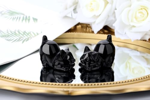 2" Black Cat Figurines Statue Sculpture Obsidian Crystals and Healing Stones Natural Gemstones Carved Kitten Cute Office Room Home Cat Decor Gifts for Mother Cat Lovers Women Men - color: Black-glossy Obsidian