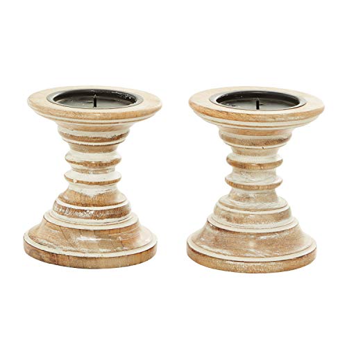 Deco 79 Mango Wood Solid Candle Holder, Set of 2 6"H, 5"W, Brown
