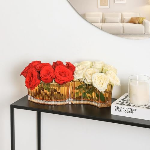 MCMCNCUIU Crystal Vases for Centerpieces, Flower Vases for Wedding Centerpieces, Amber Glass Vase for Flowers, Curve Small Vase for Living Room, Bedroom, Kitchen, Dining Table, Set of 2 - color: Amber