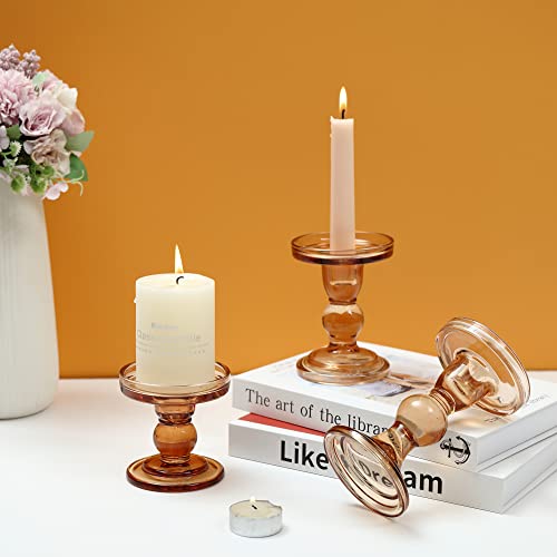 GMWD 3 Pcs Glass Candle Holder Set Clear, Amber Candlesticks Holders Pillar Taper Candles Tealight Stand for Wedding Centerpieces Home Decorations Dining Table - color: Amber