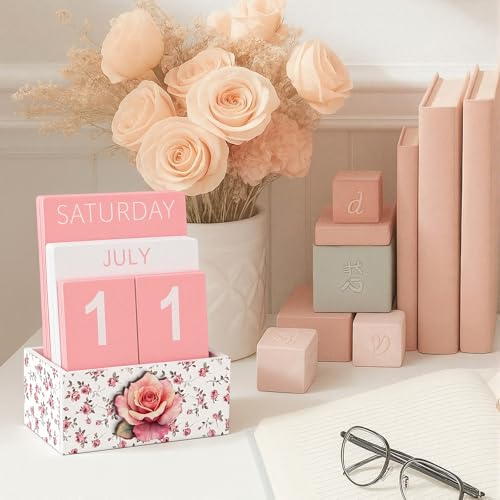 AceOrbit Pink Rose Wood Block Perpetual Calendar Coquettish Desk Decor Cute Month Week Date Display Decorative Block Calendar for Women Office Home Desk Gift for Women - style: Pink Roses