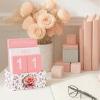 AceOrbit Pink Rose Wood Block Perpetual Calendar Coquettish Desk Decor Cute Month Week Date Display Decorative Block Calendar for Women Office Home Desk Gift for Women - style: Pink Roses