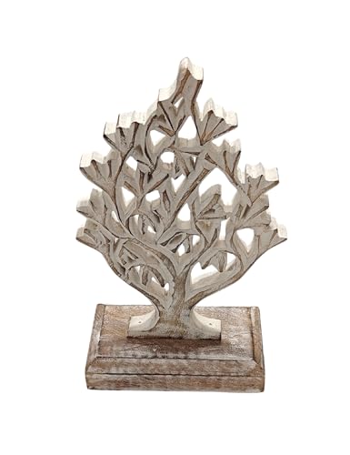 VANIYA CRAFTS® Rustic Wooden Tree Shape Table Sculpture – Handmade Carved Home Decor Accent for Living Room, Bedroom, Entryway, or Office (Antique White Finish)
