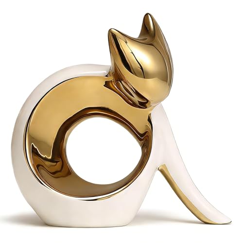 White & Gold Electroplated Ceramic Cat Figurine Sculpture, Modern Minimalist Cat Statue for Office Desk, Shelf Mantel, Cat Statues Home Decor, Small Cat Figurines Decor - size: 5.9in