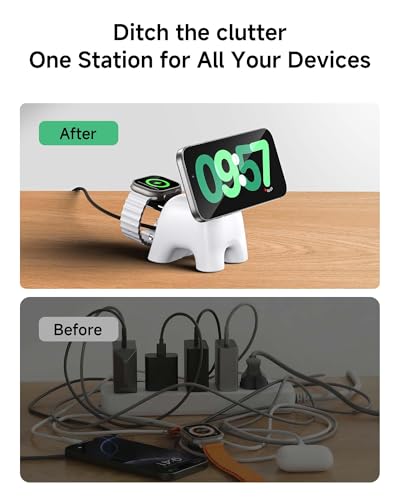 AOK-AOK Foldable Wireless Charging Station, 15W Magnetic Fast Charger Stand for iPhone 17 16 15 14 13 12 Pro Max&Apple Watch&Airpods, 2-in-1 Charger for Home/Office/Travel(30W Adapter Included) - color: White