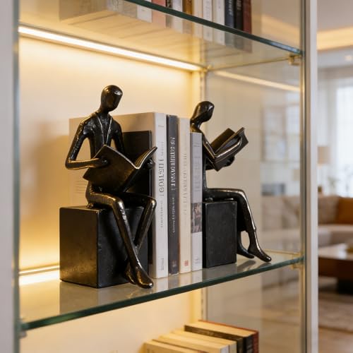 Black Reading Couple Cast Iron Bookshelf Decor Bookends Set of 2, Bookend for Office Desk, Living Room, Bedroom, Home Decorative Book Lovers Gifts