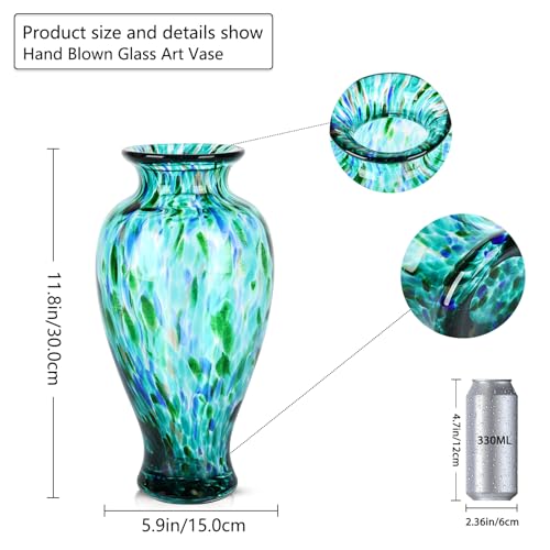 11.8" Tall Turquoise Glass Vase Beautiful Hand Blown Glass Vase Modern Art Home Decor, Wide Mouth Colorful Vases for Mantle Dining Table Centerpiece, Entryway Living Room Wedding Decoration - color: Jade Green