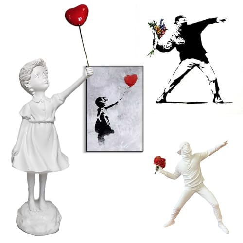 Banksy Street Graffiti Art Statue,Love Balloon Girl Room Decor,Resin Ornaments,Living Room Dining Desk Bookshelf Decorations(White) - color: 1-love Balloon Girl-white