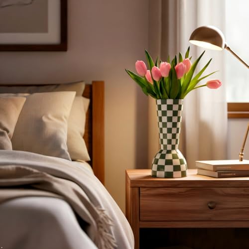 Sage Green Checkered Vase, Aesthetic Modern Ins Cool Flower Vases for Home Decor, Entryway Table, Centerpieces Decoration for Kitchen, Living/Dining Room, Bedroom, Bathroom, Coffee Tables (Ceramic) - color: Sage Green