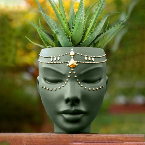 Head Planter - Indoor & Outdoor Home Decor Gifts for Plant Lovers - for Flat Surface or Wall Mount - Unique Face Planter for Flowers, Succulents, & More (7 inch, Serena Design, Green) - color: Serena Green