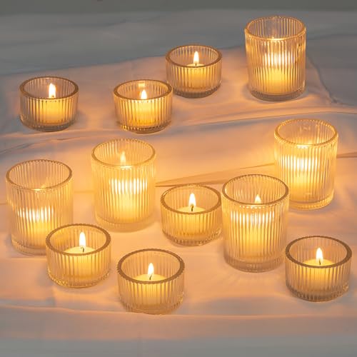 Glasseam Clear Glass Votive Candle Holders: Small Tea Light Candle Holders in Bulk, Ribbed Vintage Candle Holder Set of 24, Decorative Tealight Holders for Wedding Centerpieces Party Decorations - color: Clear