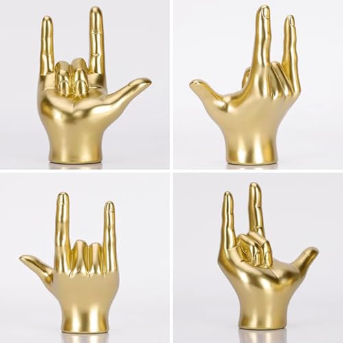 Gold Resin Rock On Hand Gesture Statue - Modern Office Desk Decor & Home Shelf Accents - Rock Culture Music Lovers' Decorative for Living Room, Bookshelf, 6.89"