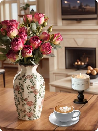 Vintage Ceramic Vase - 9 Inch Hand-Painted Roses with Ice Crackle Glaze Finish, American Farmhouse Style Pitcher Vase for Home Decor, Centerpiece, Shelf, Table, Office, Rustic Wedding Gift - color: Beige and Red-003