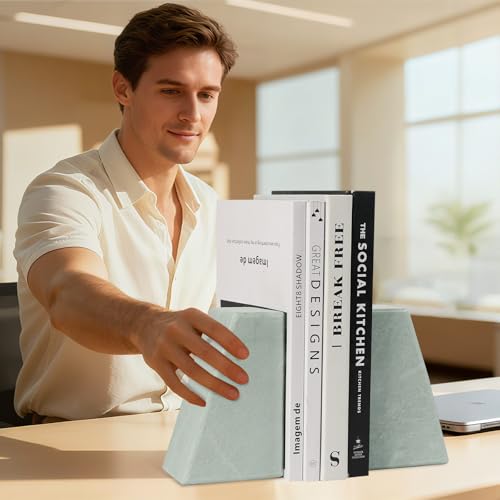 Marble Bookends for Shelves, Decorative Book Ends, 10lbs Heavy-Duty Marble Book Holders, Stone Bookshelf Decor, Light Green - color: Light Green, size: 10LB