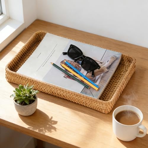 Wicker Storage Basket, Rattan Tray Rectangular for Bathroom Living Room, Decorative Serving Woven Trays Wicker Baskets for Organizing, Woven Seagrass Tray for Storage Home Decor L(14.6" × 9.1") - style: M (14.6" × 9.1")