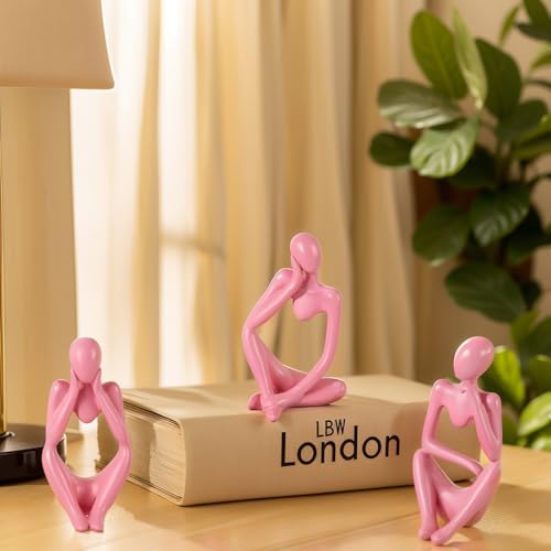 Pink Thinker Statue Set of 3 - Pink Statue Decor for Table, TV Stand, Shelf, Desk - Resin Figurines for Living Room, Minimalist Bookcase Decorative, Modern Sculpture, Home Accents - color: Pink